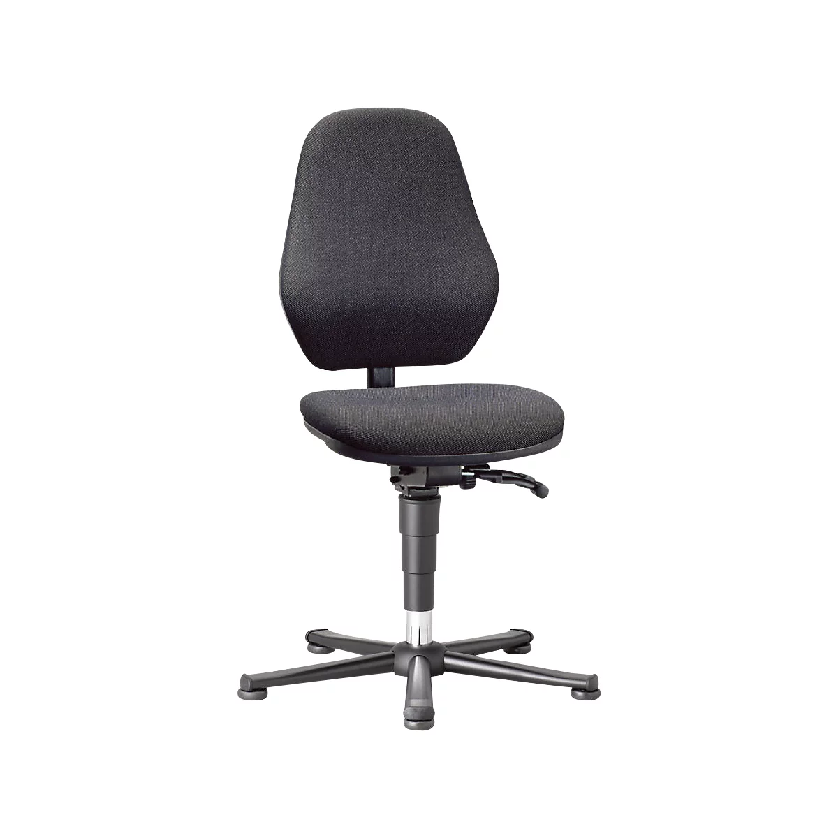 Black office chair with fabric cover, height adjustable, on a gray background.