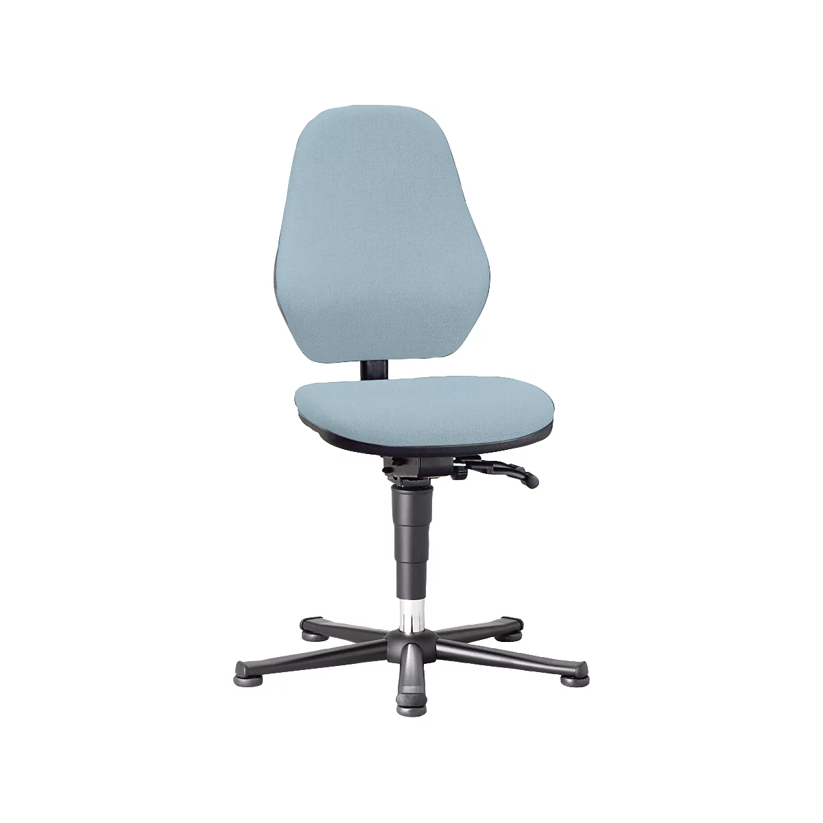 Light blue office chair with backrest, seat, armrests and black frame. The seat height is adjustable.