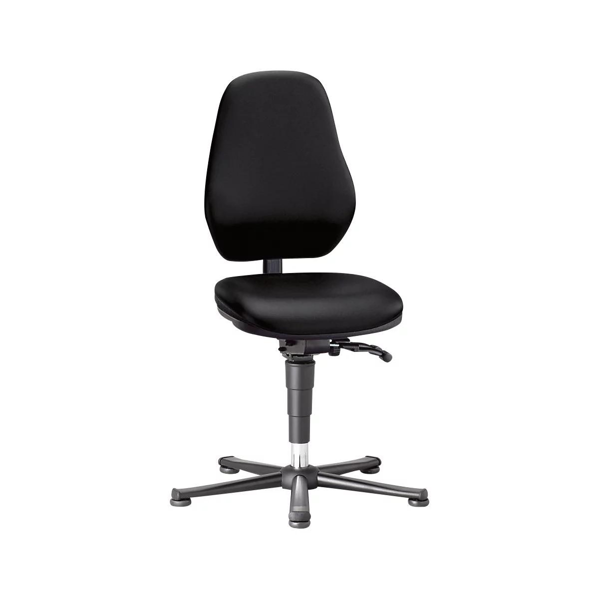 Black office chair, ergonomically shaped, adjustable in height and tilt.