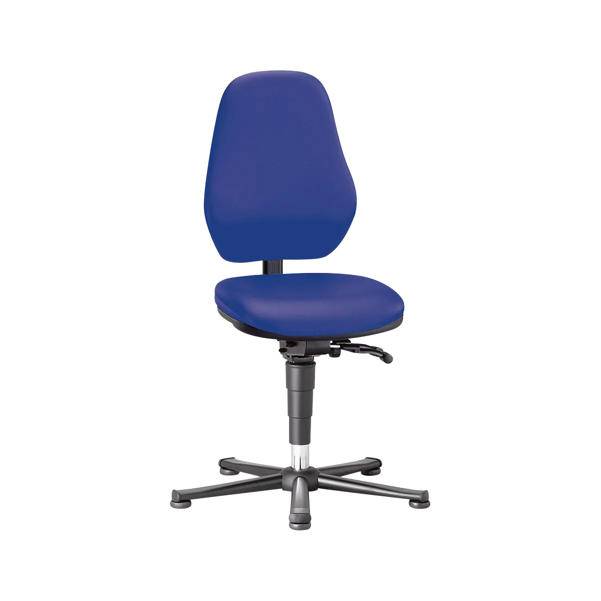 Blue, padded office chair on a black, star-shaped base. Seat height is adjustable.