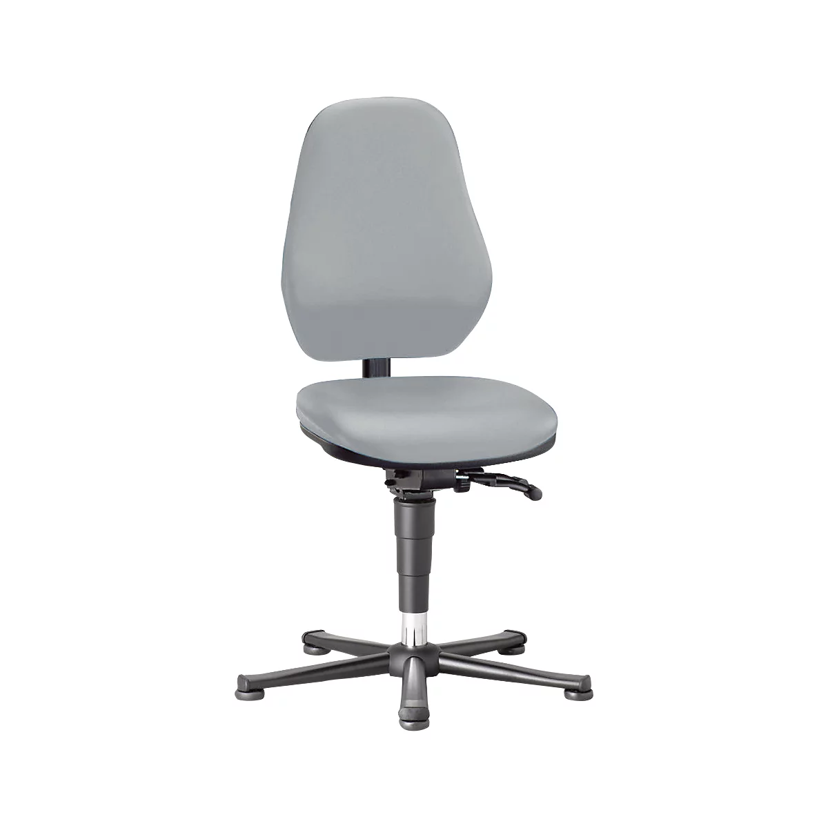 Gray office chair with backrest, seat and height-adjustable base.