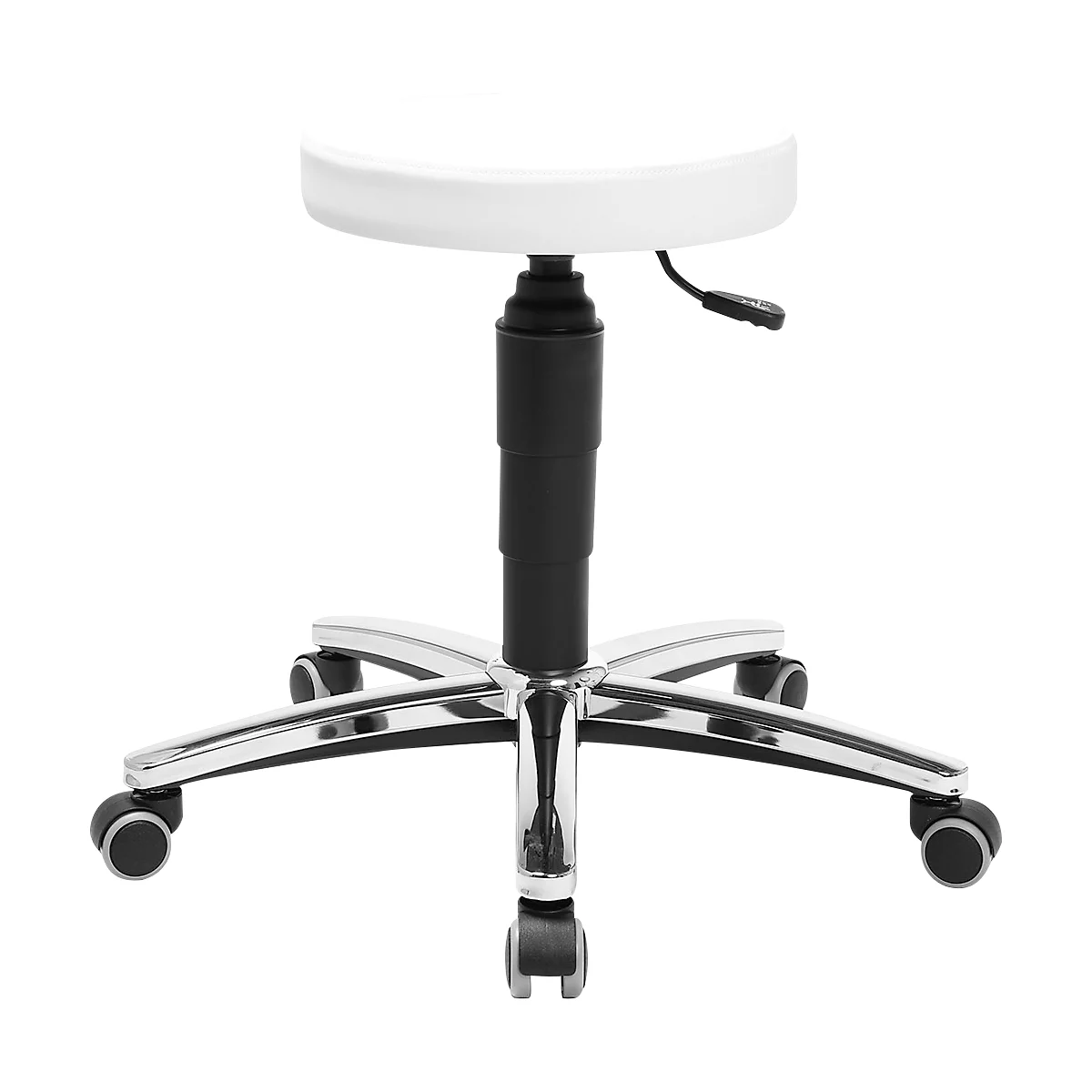 Laborhocker Topstar Tec 70, desinfektionsmittelbeständig, gepolstert, Hartbodenrollen, Ø 35 x H 390 – 520 mm, weiss