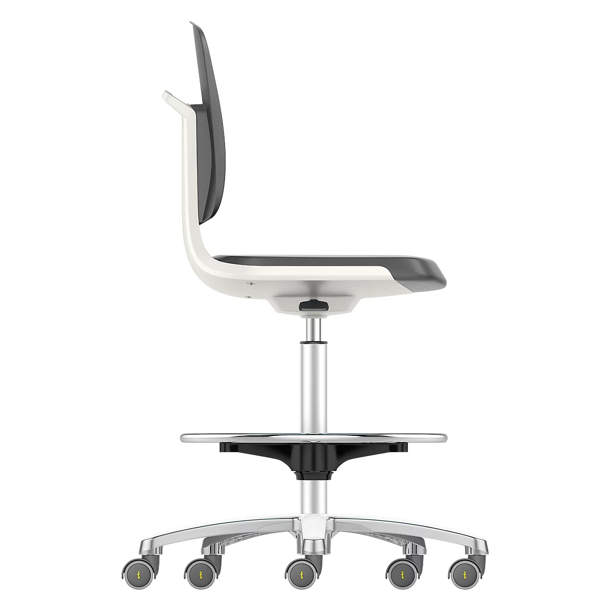 Side view of an office chair, white and gray. The chair has a high back and a footrest.