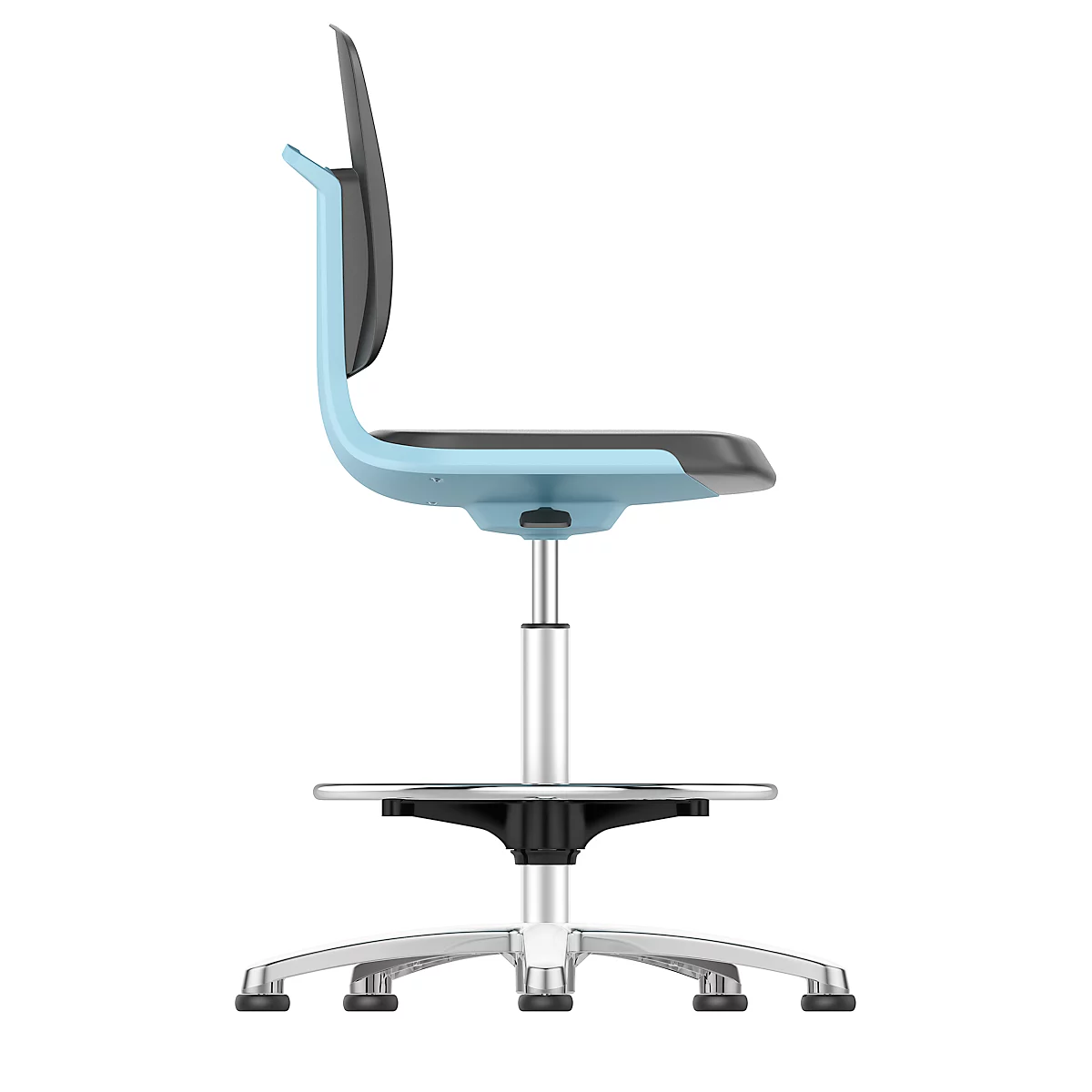 Light blue office chair from the side. Black backrest and seat.
