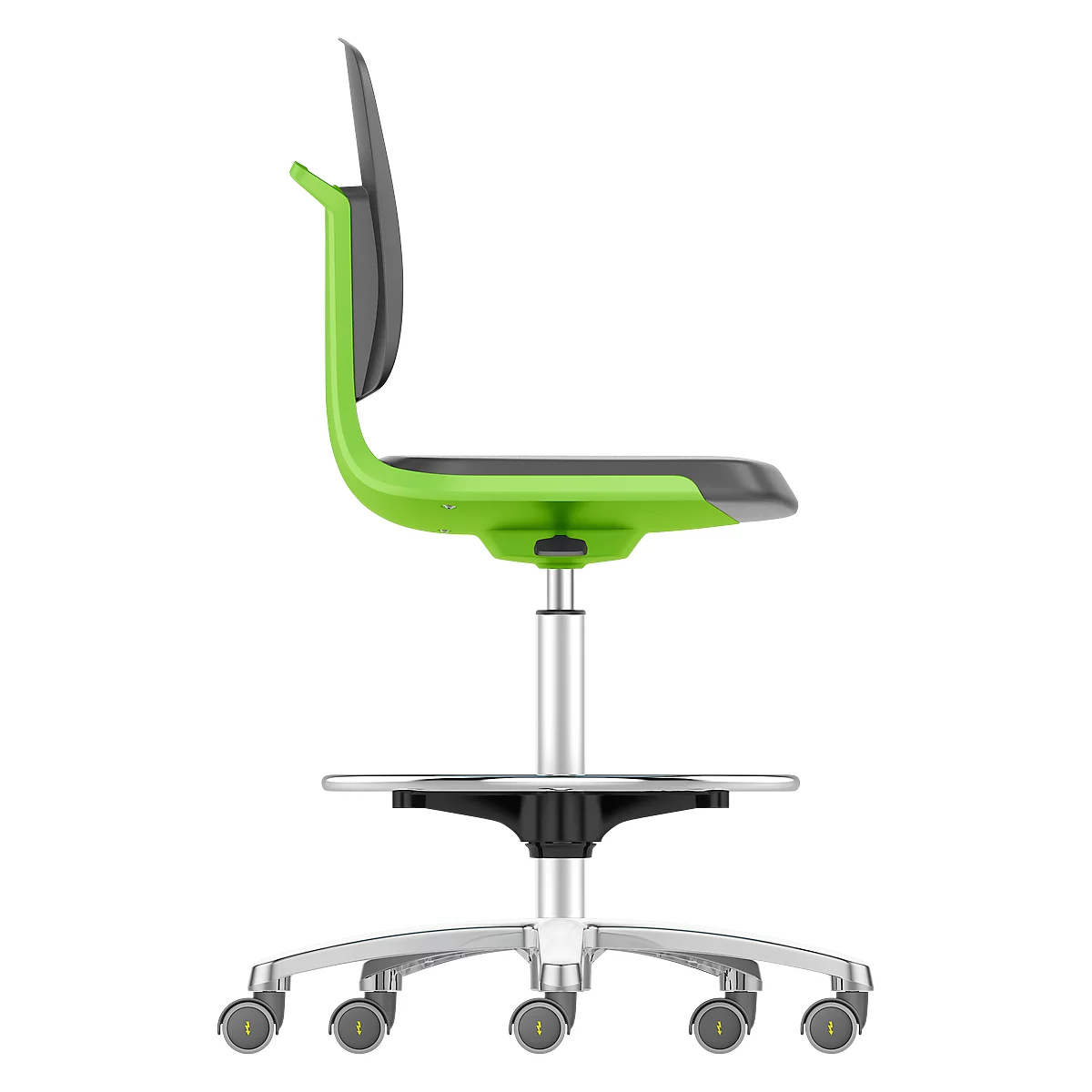 An ergonomic office chair in green, gray and silver from the side.