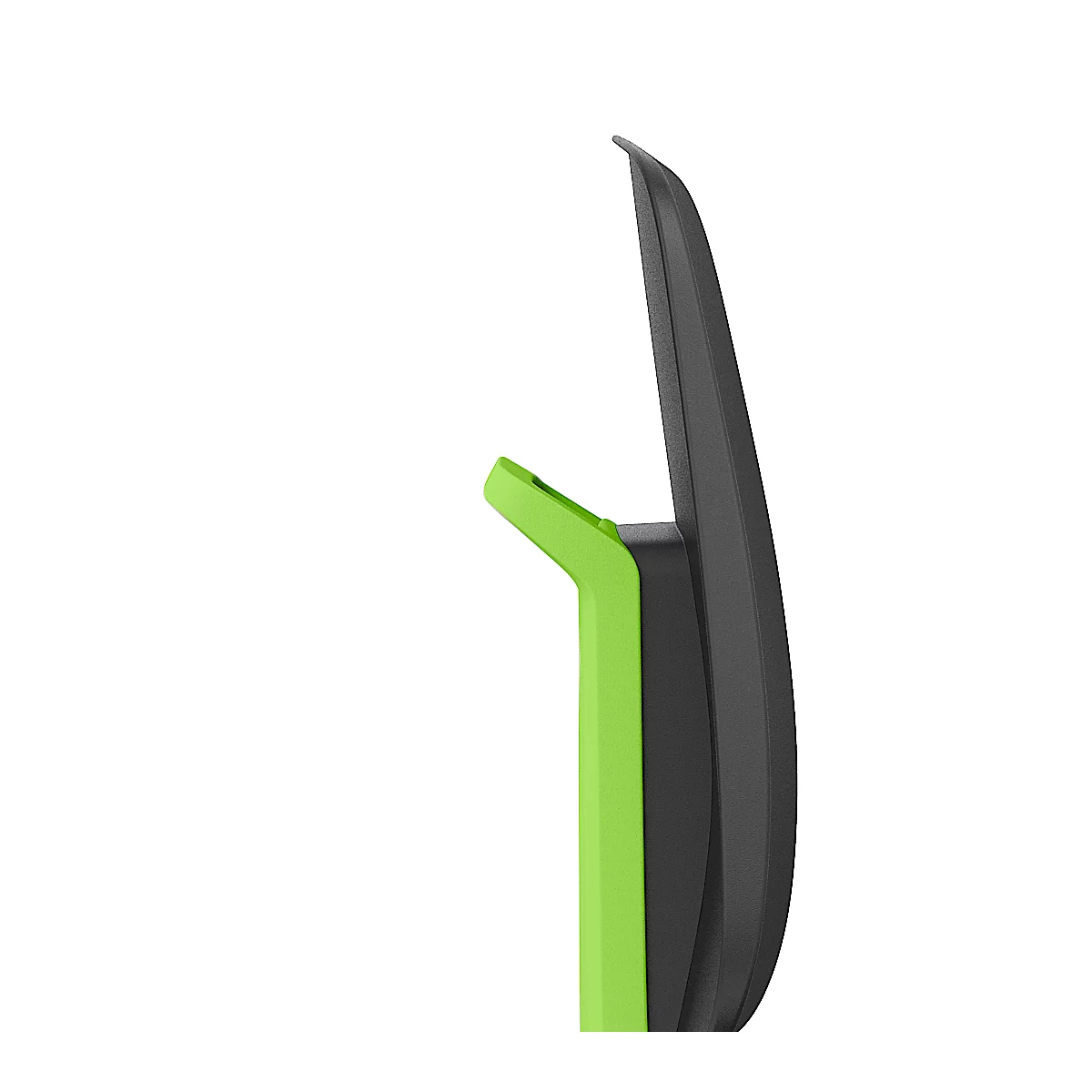 Green vertical handle on a black device. White background in the background.