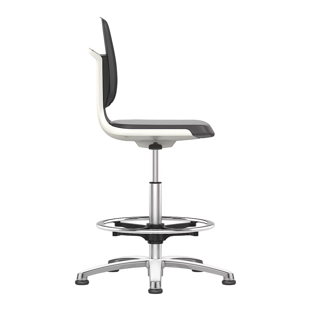 Side view of an adjustable ergonomic chair. The chair has a black backrest, a gray seat and a silver frame.
