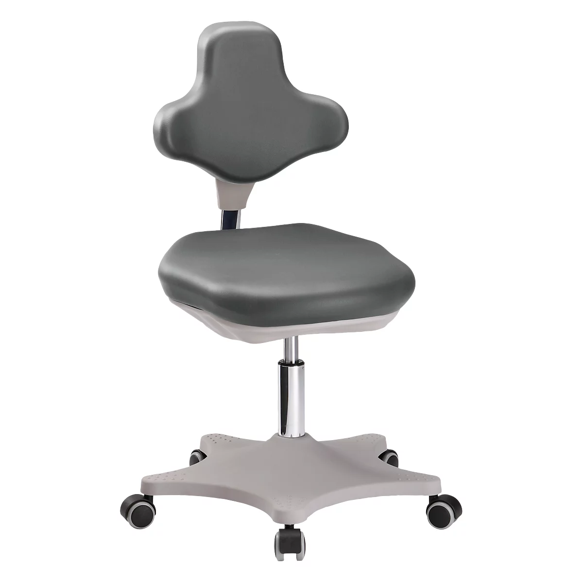 Gray office chair with ergonomic backrest and seat, castors, and adjustable-height column.