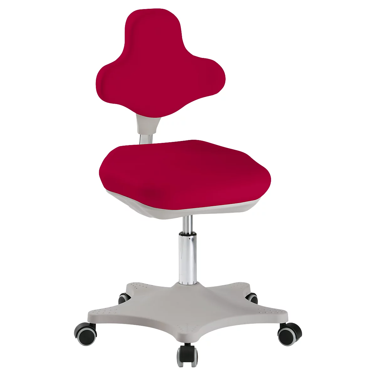 A red ergonomic office chair with a white-grey frame, castors and height-adjustable backrest.