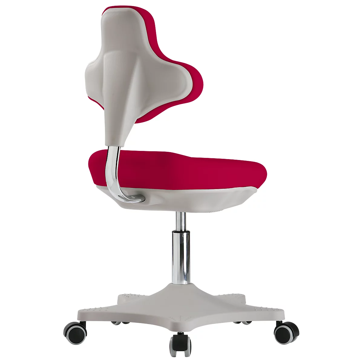 An office chair with a red seat and backrest, a gray base and wheels.