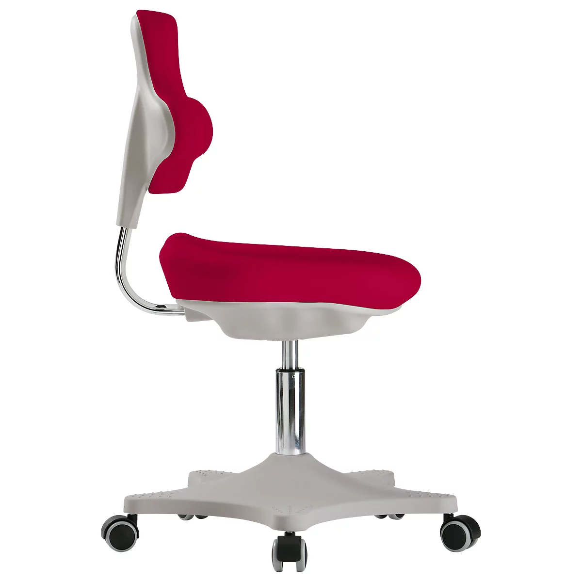 Side view of an ergonomic office chair in red and gray with casters.