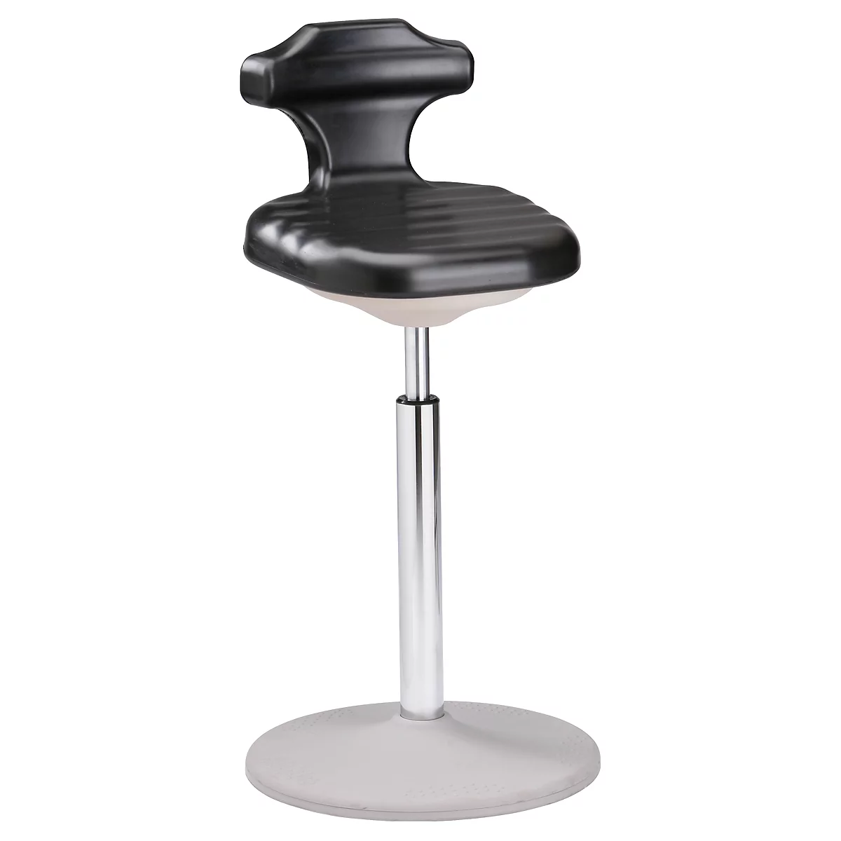 Black standing stool with ergonomic seat and backrest, height adjustable, on a round, gray base.