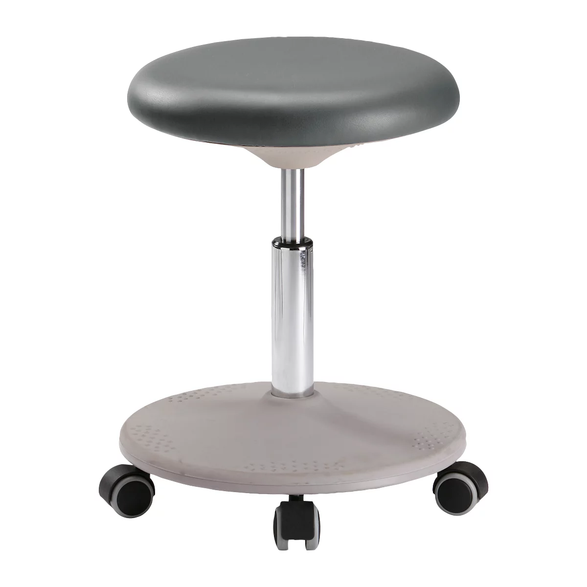 An adjustable office stool with a round, gray seat, chrome-colored column and castors.