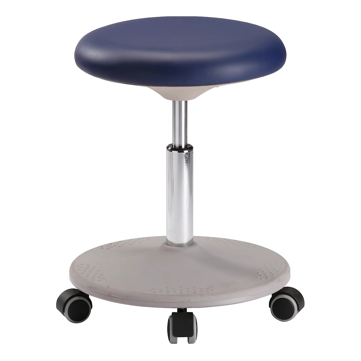 Blue, round stool, height-adjustable, with castors.