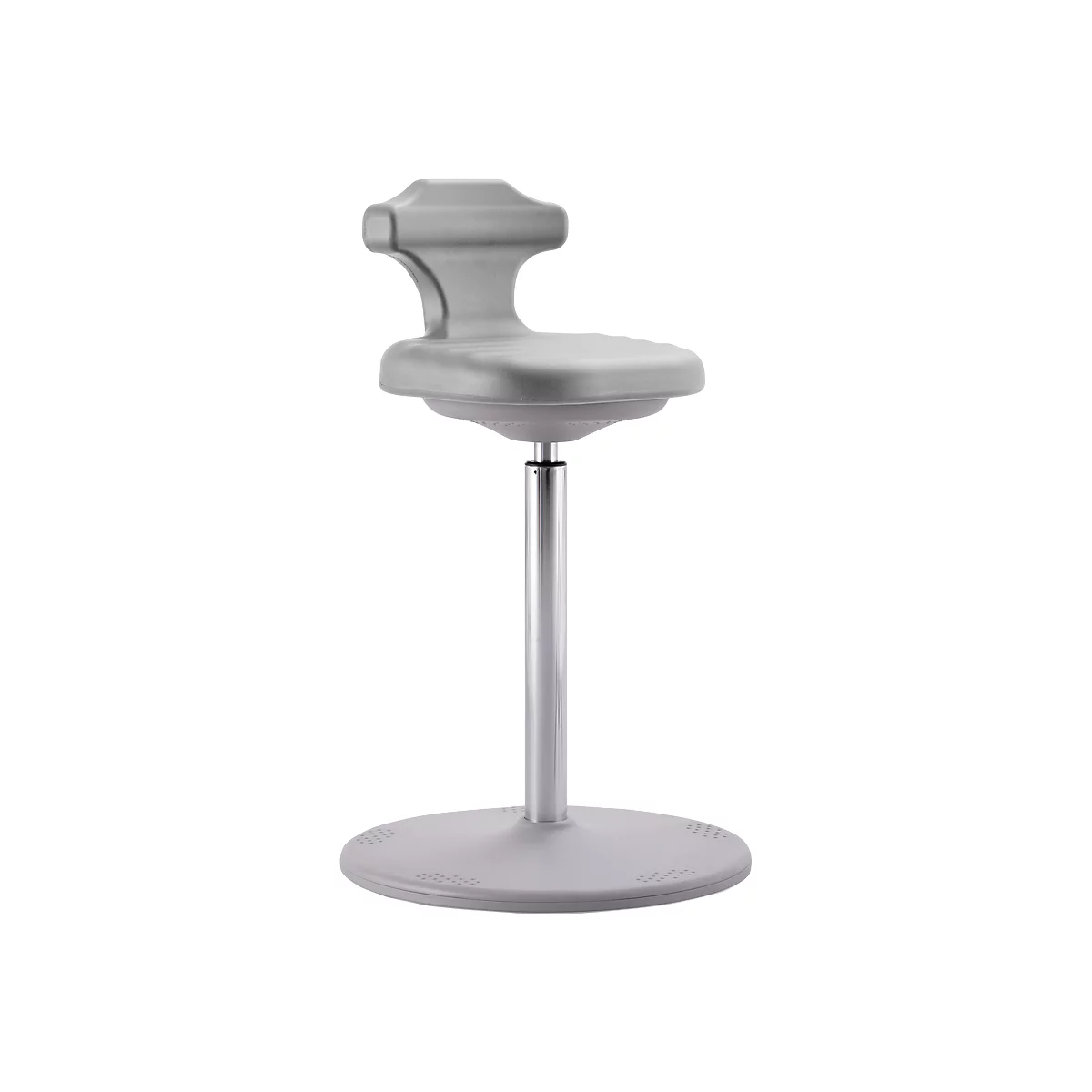 A gray standing stool with a round base, adjustable height column, and seat with backrest.