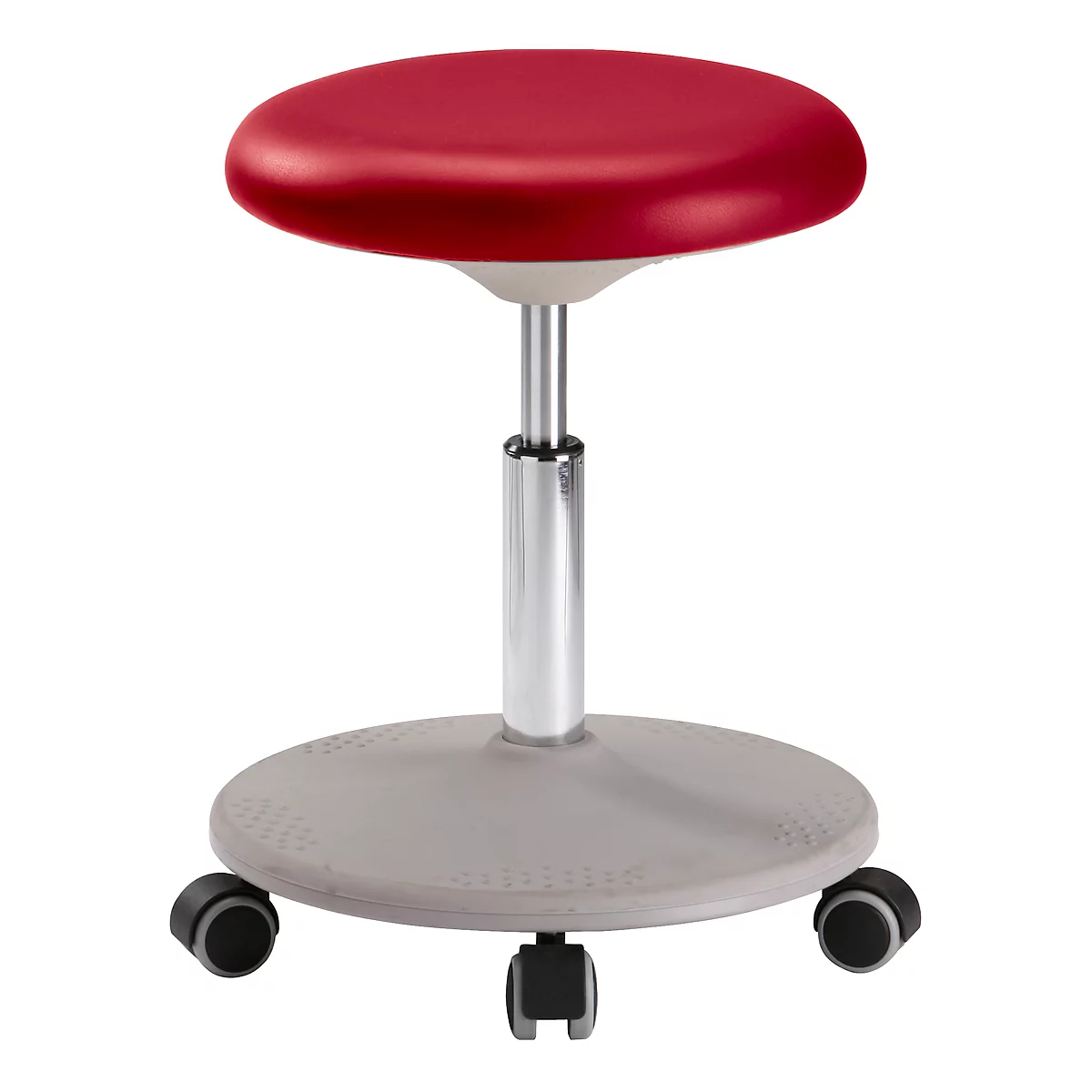A height-adjustable, red stool with rollers.