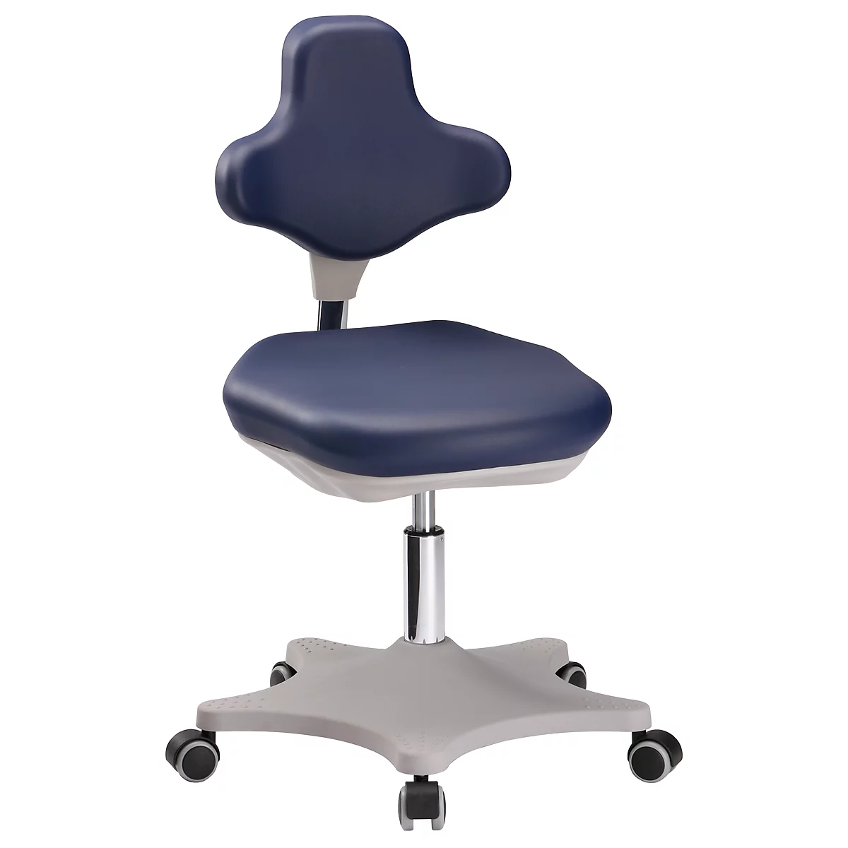 Blue ergonomic office chair with star base and castors, against white background.