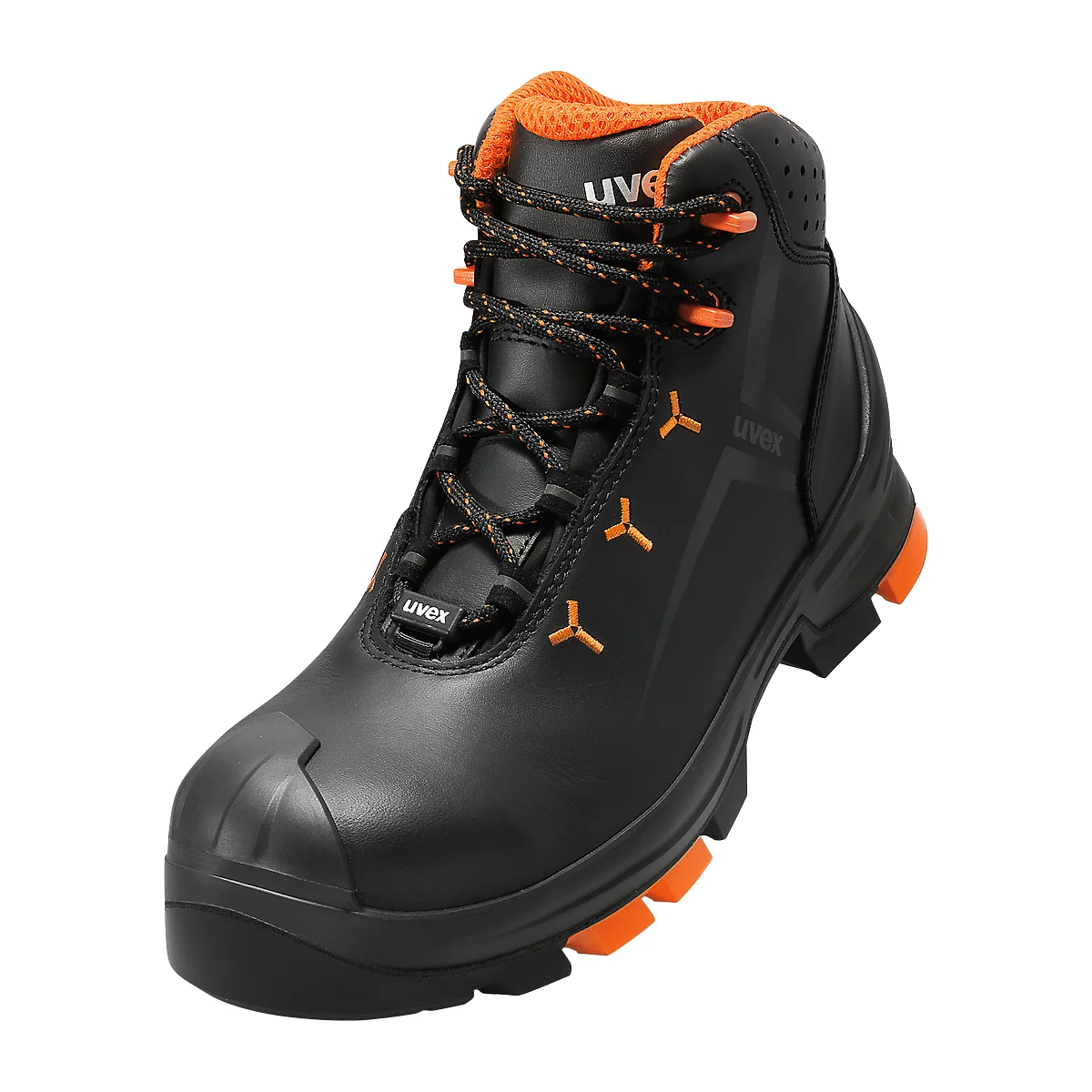 Black safety shoe with orange accents and laces, side view.