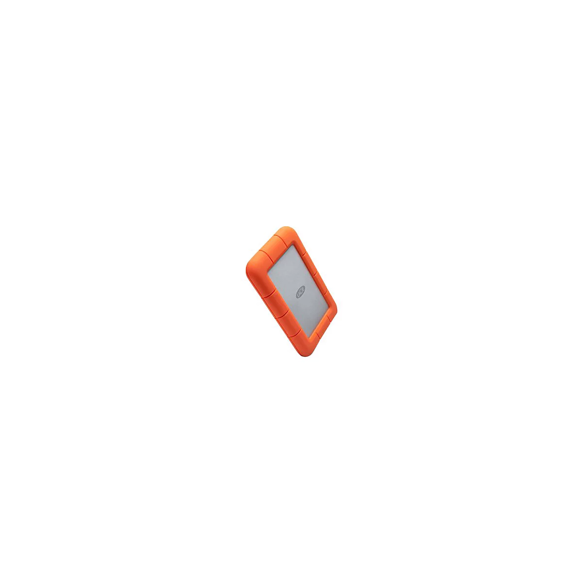 Eine orangefarbene, rechteckige externe Festplatte. Silberne Mitte mit 'LaCie' Logo, umgeben von einem orangenen, gummiartigen Gehäuse.