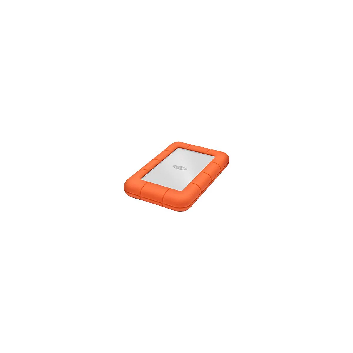 Orangefarbene externe Festplatte mit silberner Oberfläche und LaCie-Logo.