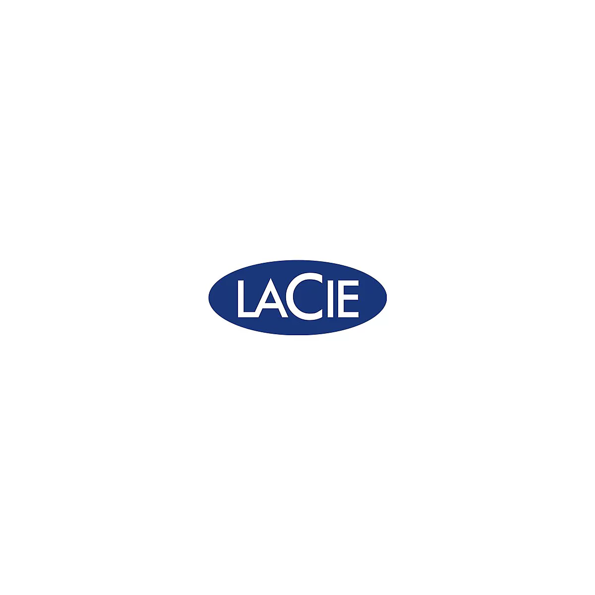 Blaues Logo mit weißer Aufschrift: LACIE, in einer ovalen Form.