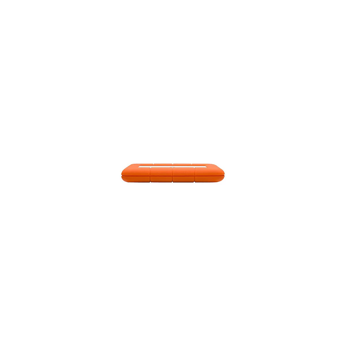 Orange Festplatte mit weißem Streifen. Sieht aus wie ein kleines, rechteckiges Gerät.