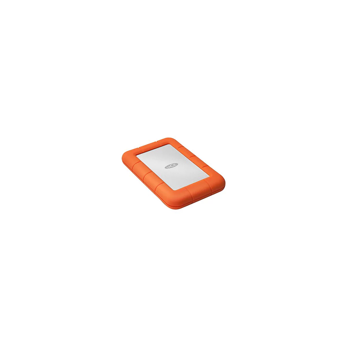 Orange Festplatte mit silberner Oberfläche und 'LaCie' Schriftzug. Rechteckig, auf weißem Hintergrund.