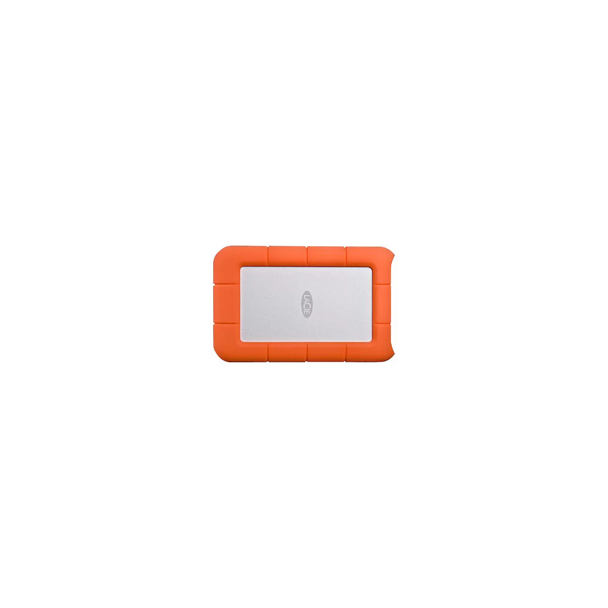 Disque dur externe orange et argent. Le logo 'LACIE' est visible sur la surface argentée.