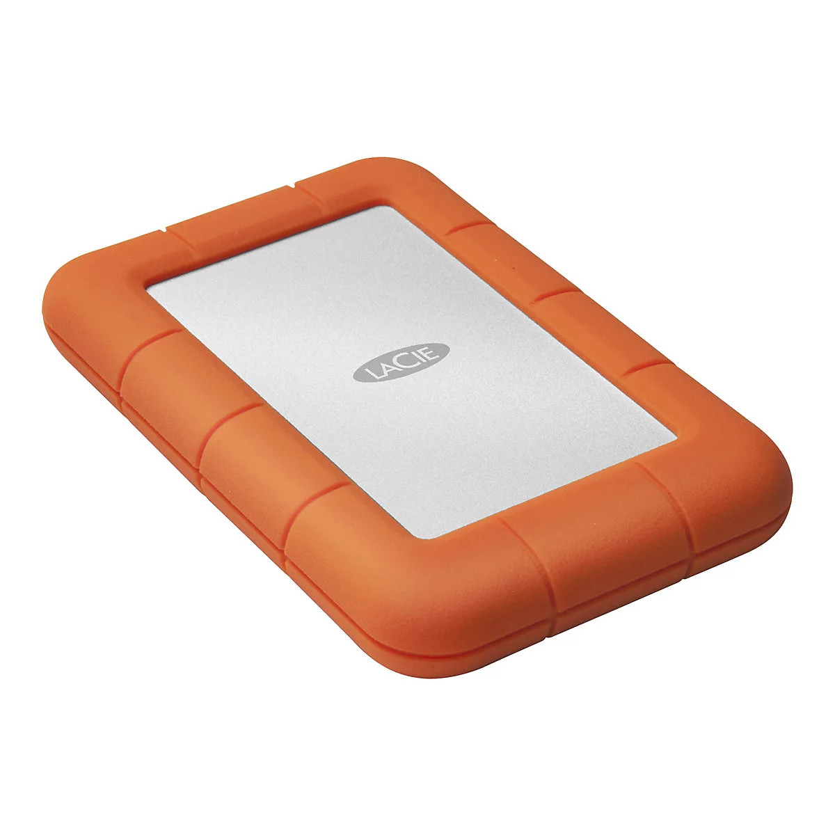 Orangefarbene externe Festplatte mit silbernem Mittelteil und 'LaCie'-Logo.