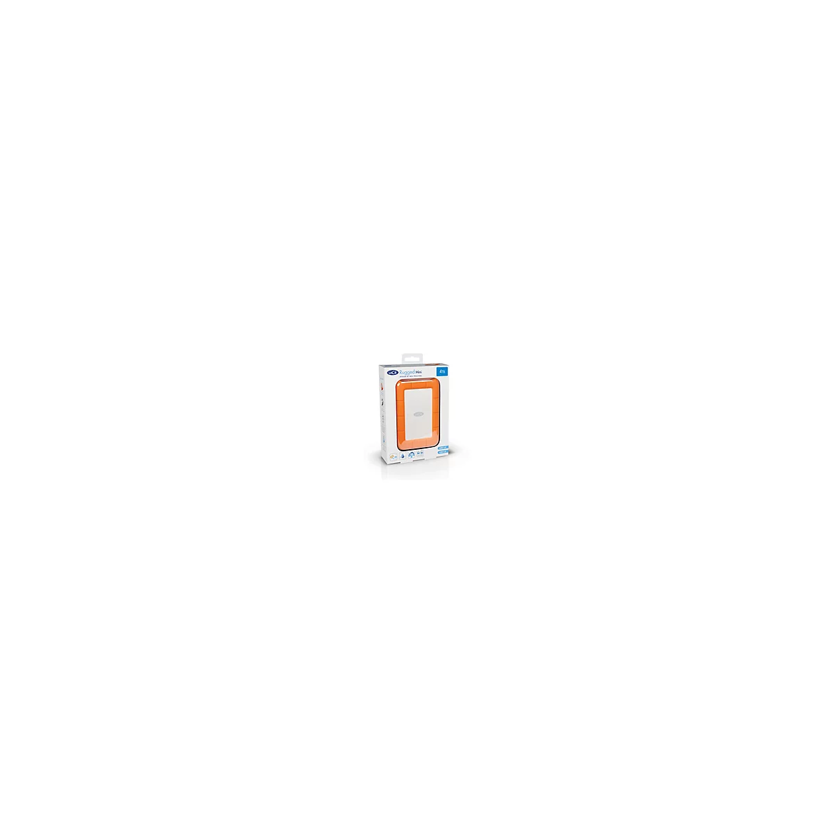 Eine orangefarbene und weiße externe Festplatte in ihrer Verpackung, mit dem Schriftzug 'LaCie Rugged Mini'.