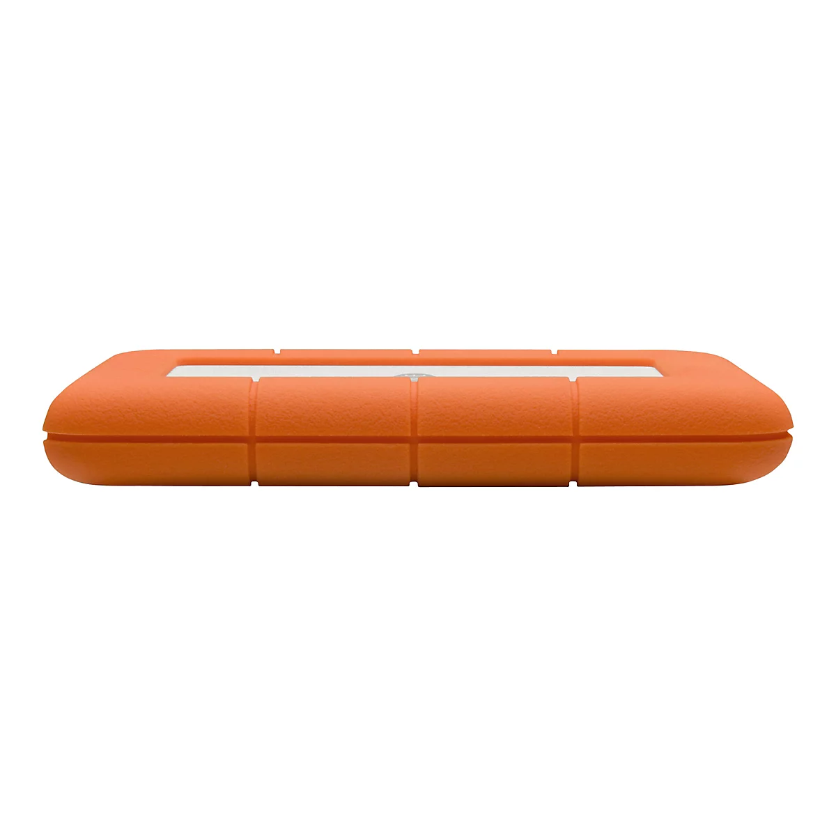 Disque dur externe orange, forme rectangulaire, surface rainurée, insert blanc sur le dessus.