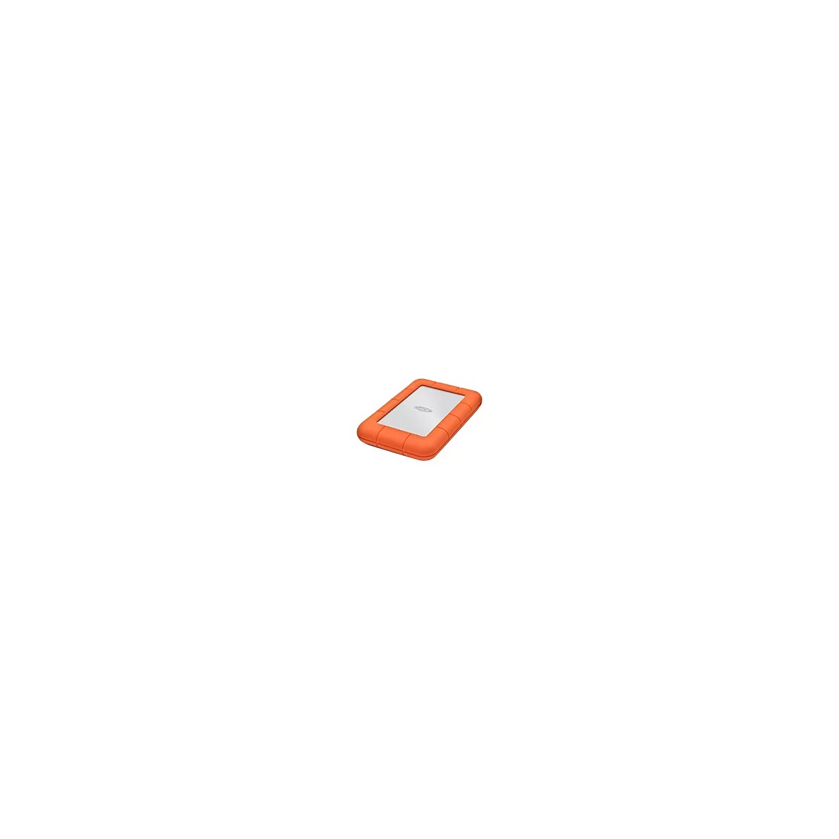 Disque dur rectangulaire orange avec surface argentée et logo en relief.