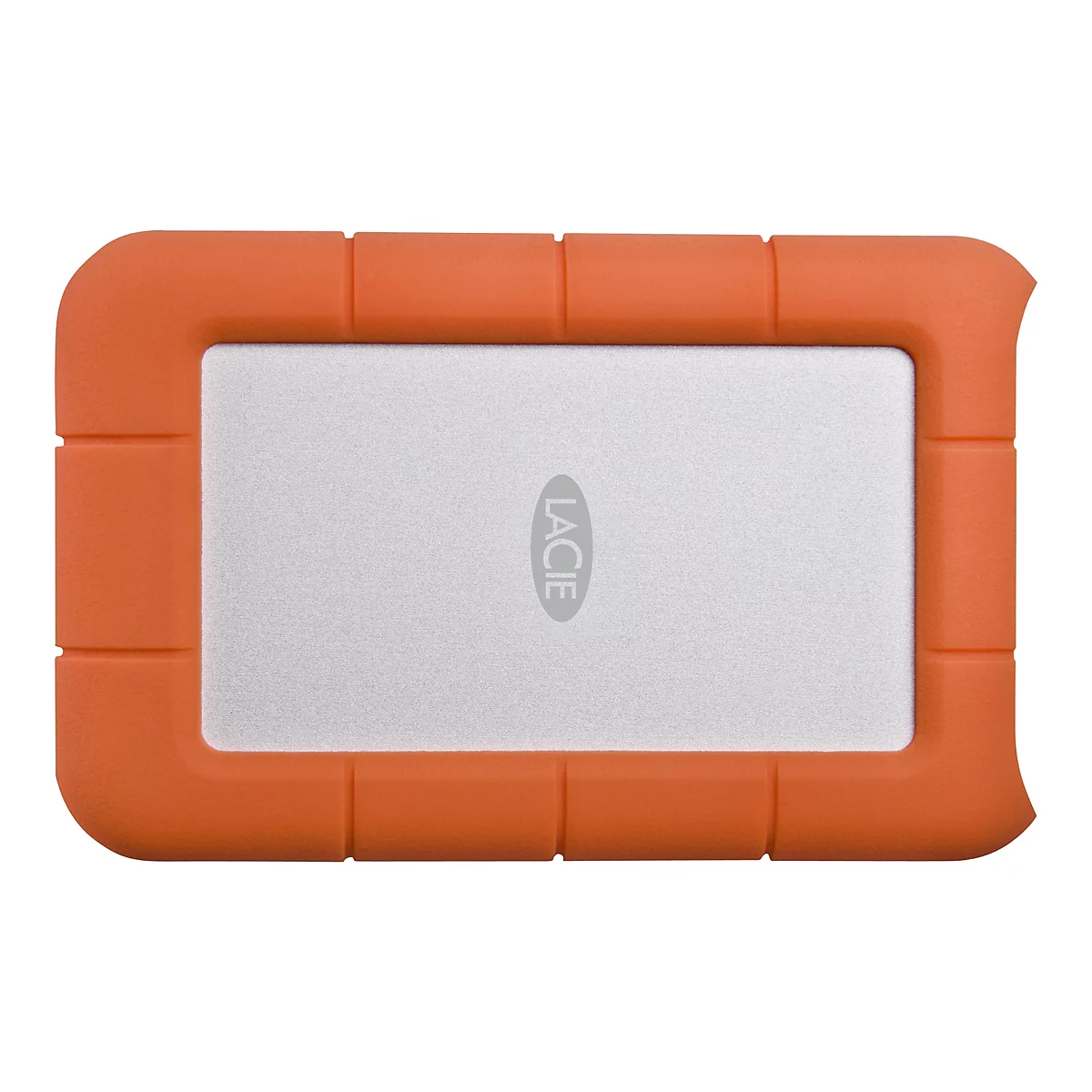 Vue de dessus d'un disque dur externe orange et argenté. Le boîtier du disque dur est orange, et le centre est gris argenté avec le logo "LACIE".