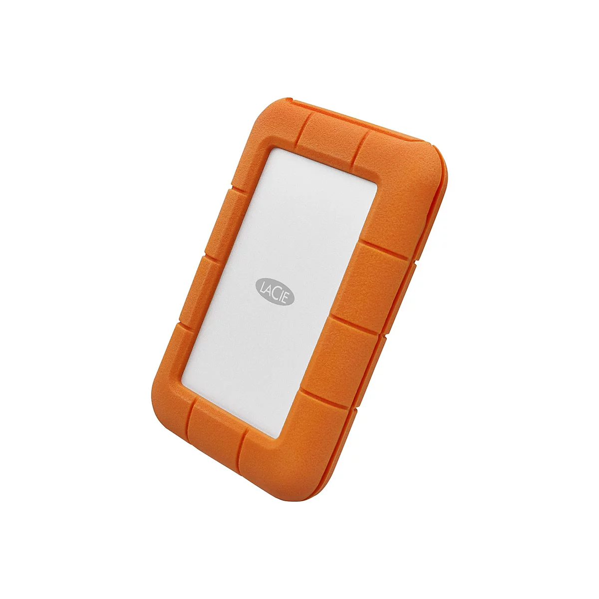 Un disque dur externe rectangulaire orange avec un centre blanc et le logo LaCie.