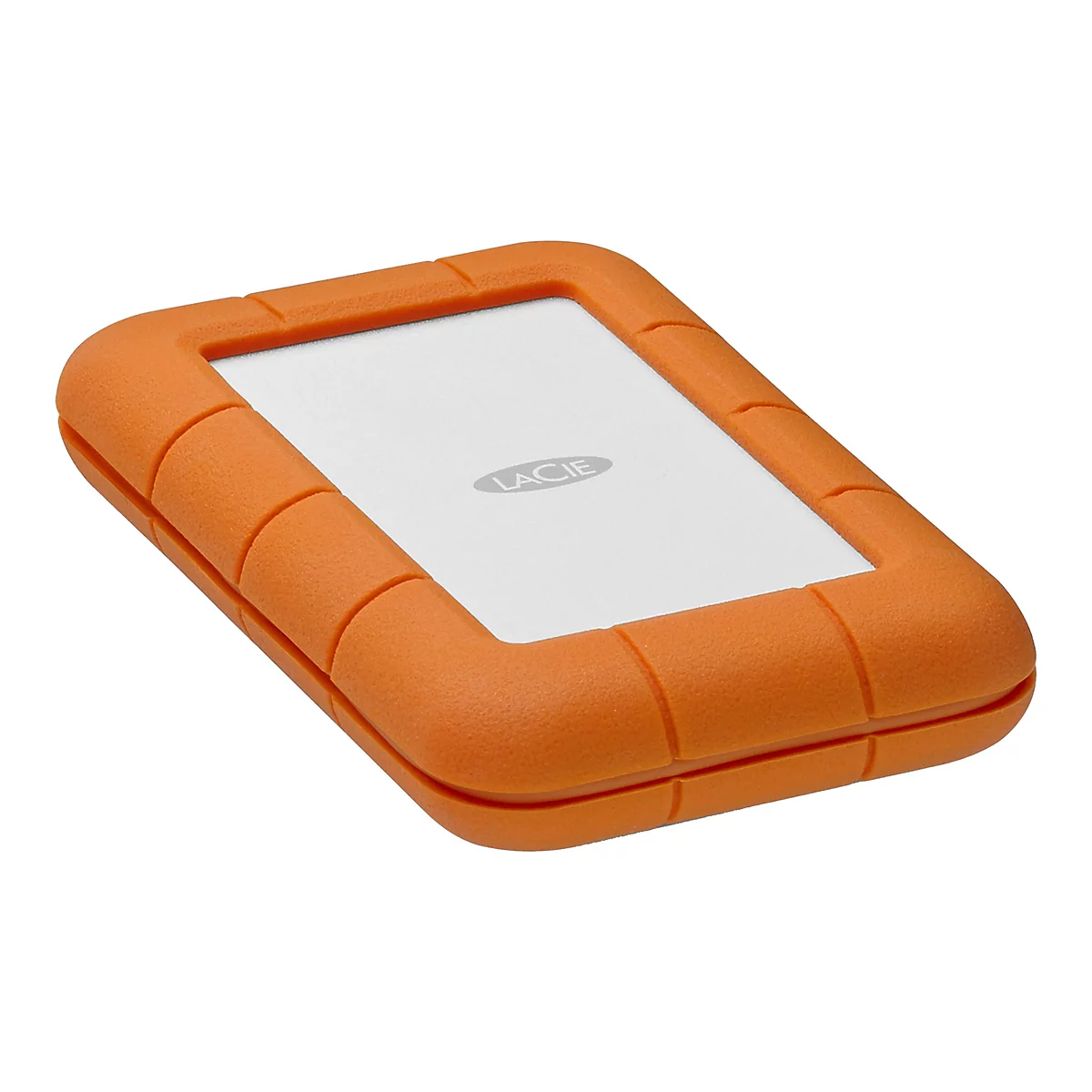 Disque dur externe orange avec un centre blanc et le logo "LaCie".