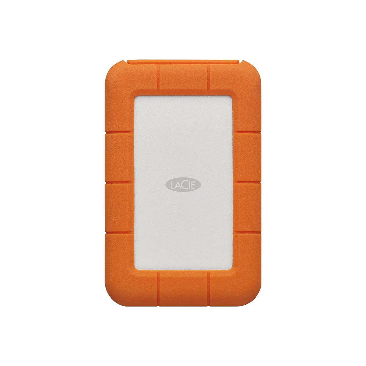 Disque dur externe orange avec un centre blanc. La partie blanche porte la mention "LACIE" en lettres grises. Le boîtier a une texture rugueuse.