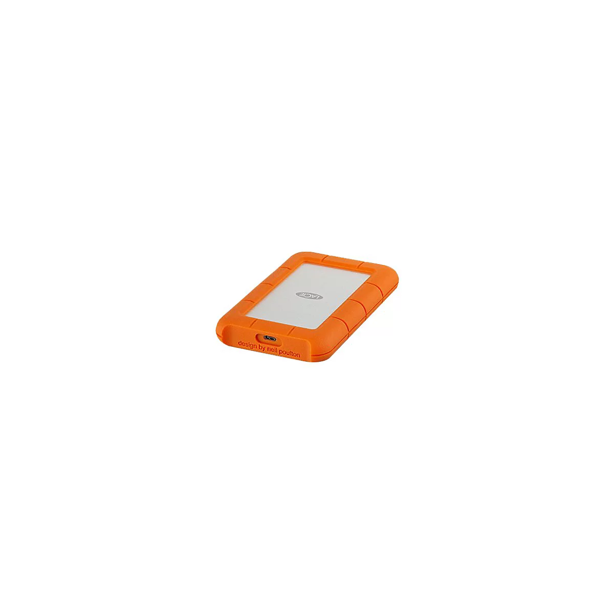 Disque dur externe orange avec surface blanche, port USB. Inscription: «design by neil poulton», logo «LaCie».