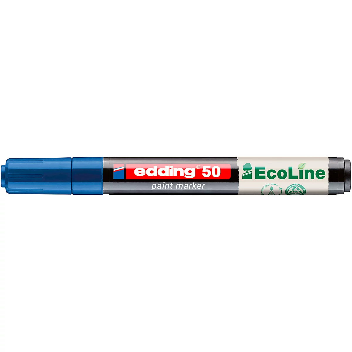 Ein blauer Edding 50 Ecoline Paint Marker. Schwarze Kappe, rotes Markenzeichen. ", "paint marker" steht darunter.