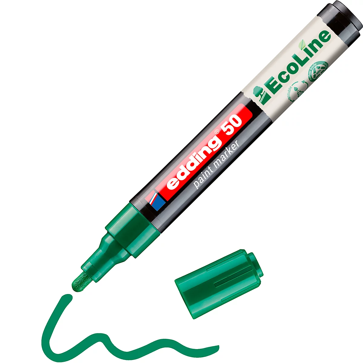 Grüner Edding-Filzstift, Kappe daneben, Strich darunter. Aufschrift: Edding 50, paint marker.
