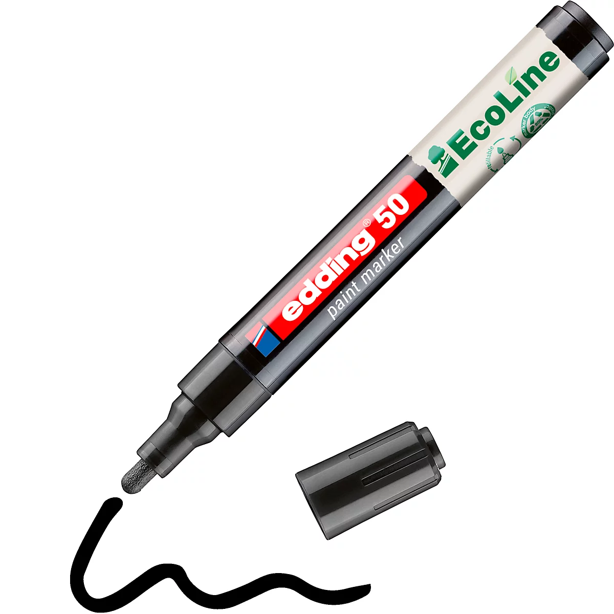 Ein schwarzer Edding 50 Paint Marker mit geöffneter Kappe, zeichnet eine schwarze Linie. Auf dem Marker steht "Edding 50 paint marker".