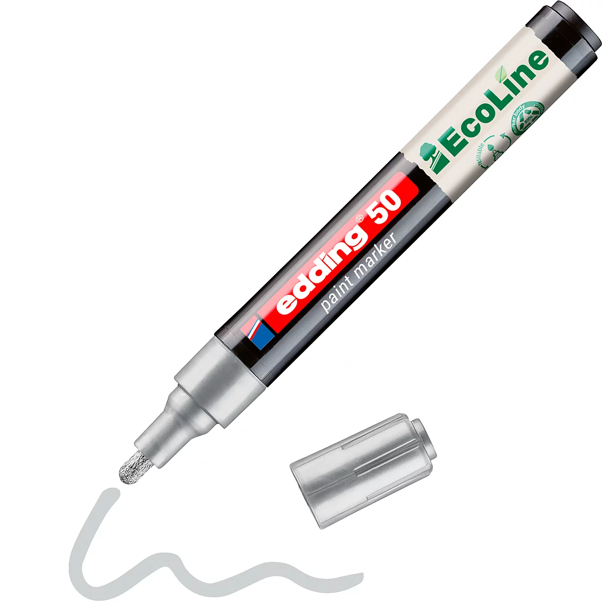 Ein silberfarbener Edding 50 Paint Marker, daneben liegt die Kappe, eine weiße Linie wurde gemalt.