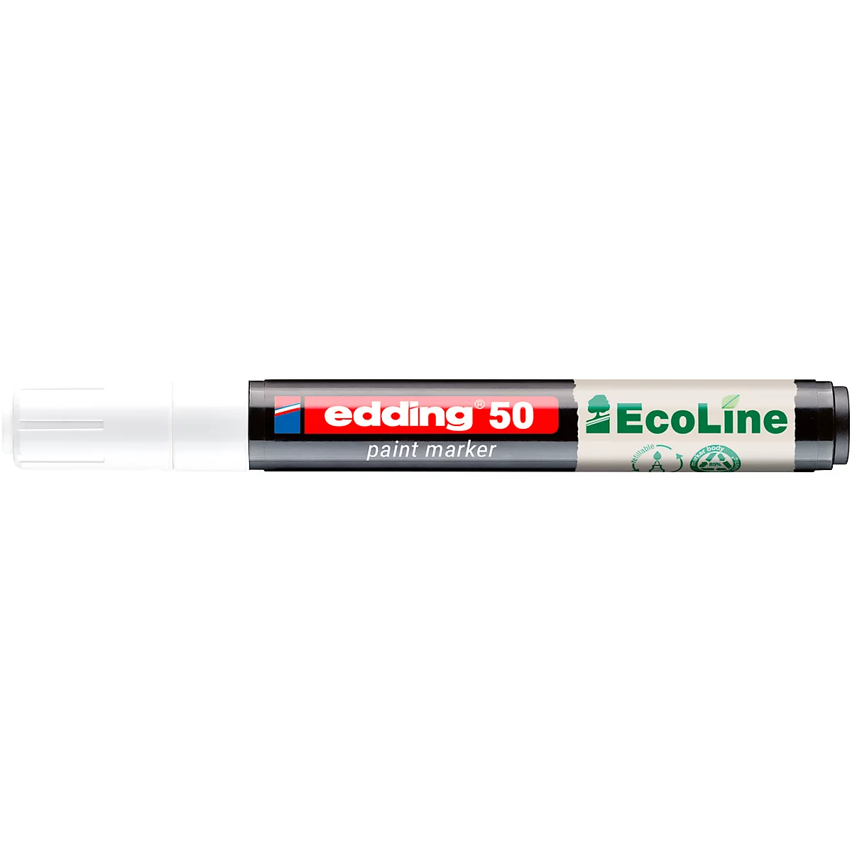 Nahaufnahme eines weißen Edding 50 Ecoline-Lackmarkers. Aufschrift: "Edding 50 paint marker".