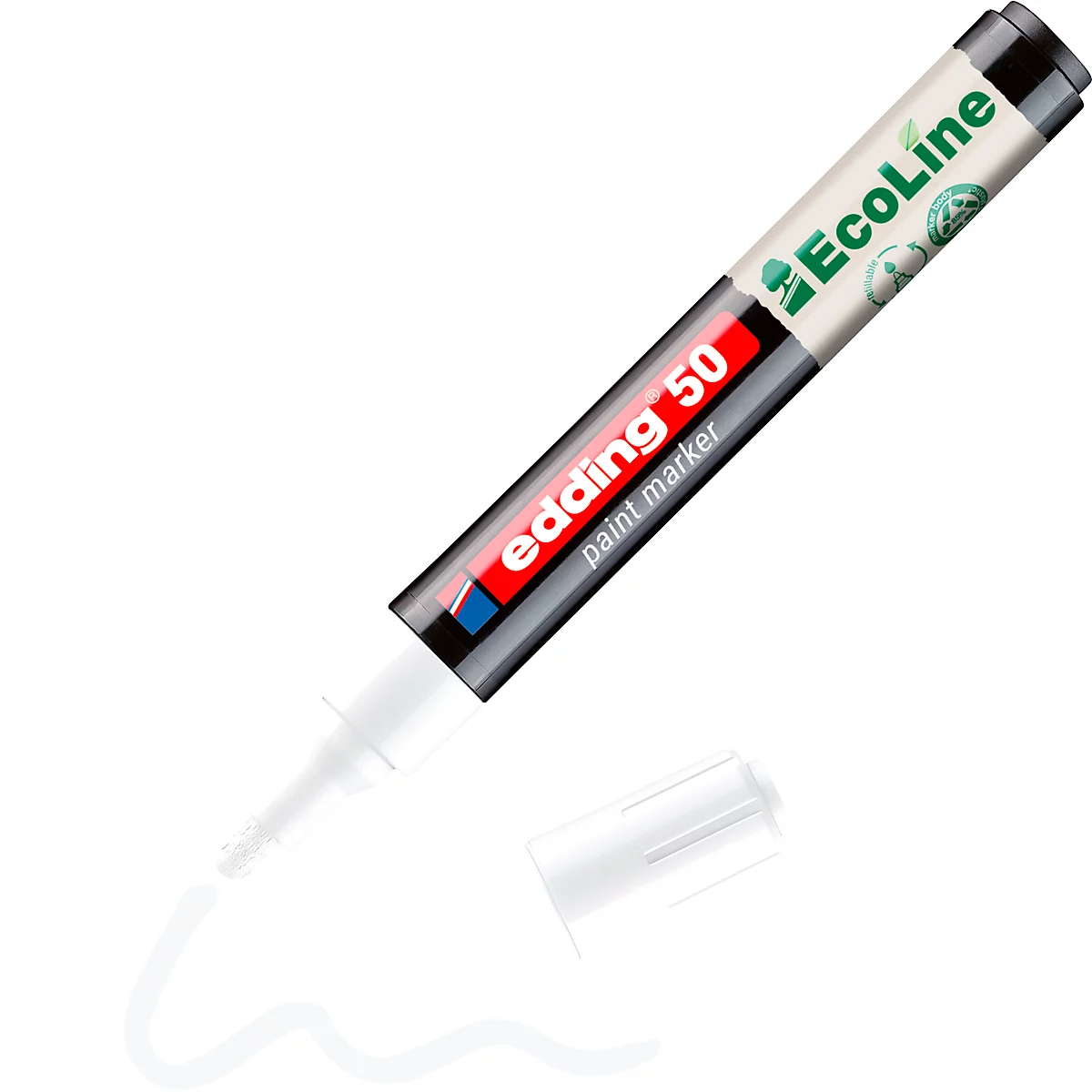 Weißer Edding-Stift mit geöffneter Kappe, der eine Spur Farbe hinterlässt. Auf dem Stift steht "edding 50 paint marker EcoLine".