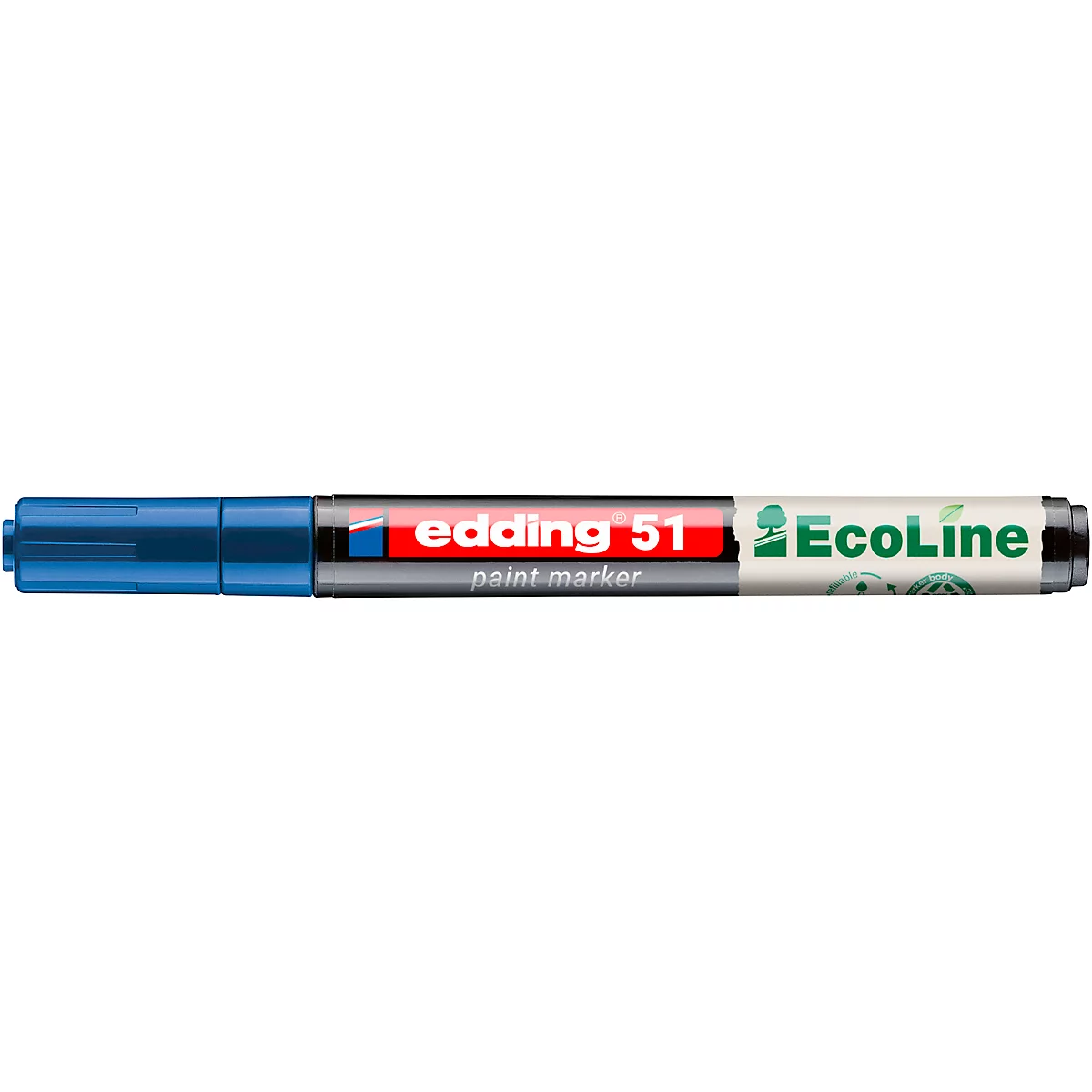 Ein blauer Edding 51 Ecoline Textmarker, mit rotem Streifen und weißer Schrift.