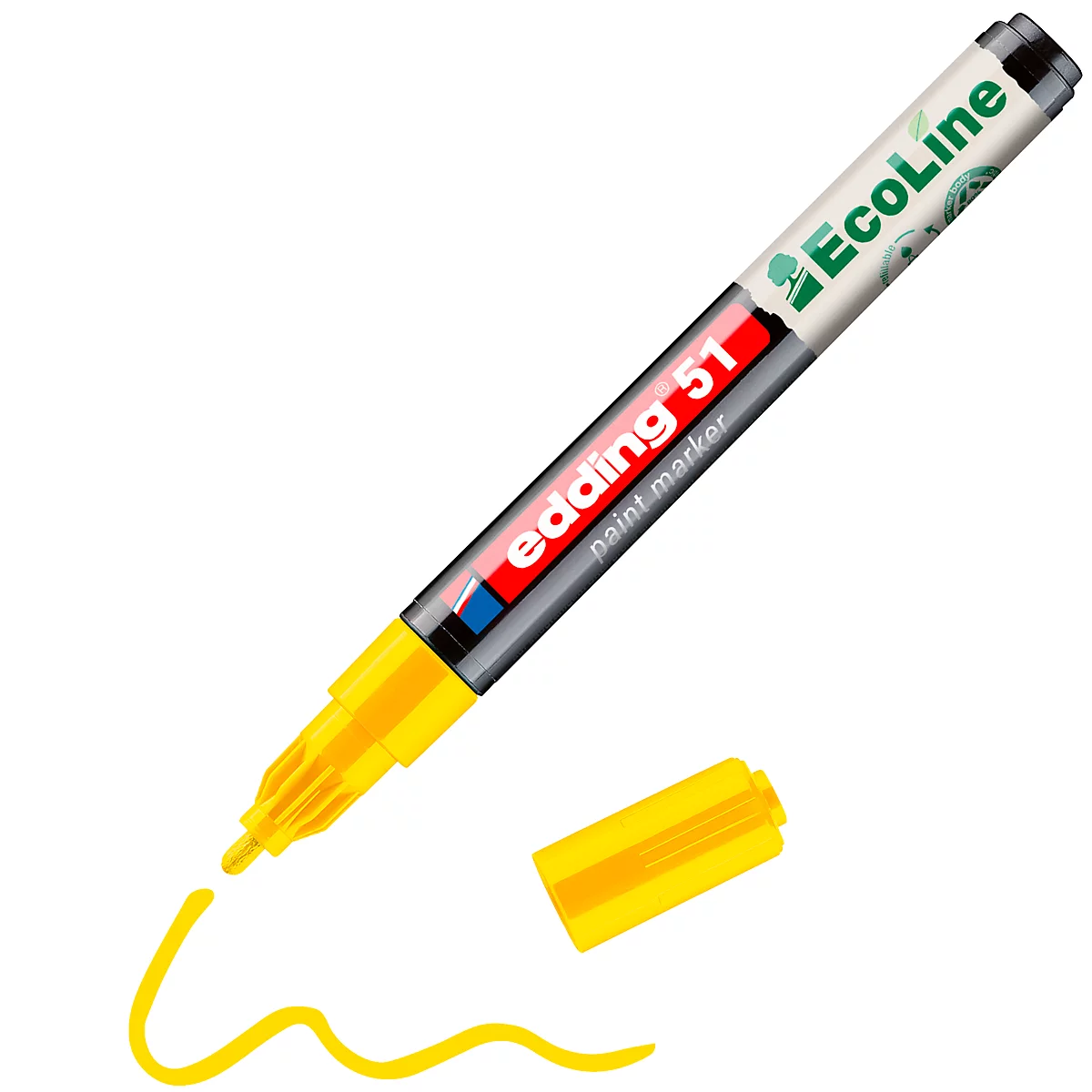 Gelber Edding-Marker mit offener Kappe und Farbschriftzug. Eine gelbe Linie wird gezeichnet.