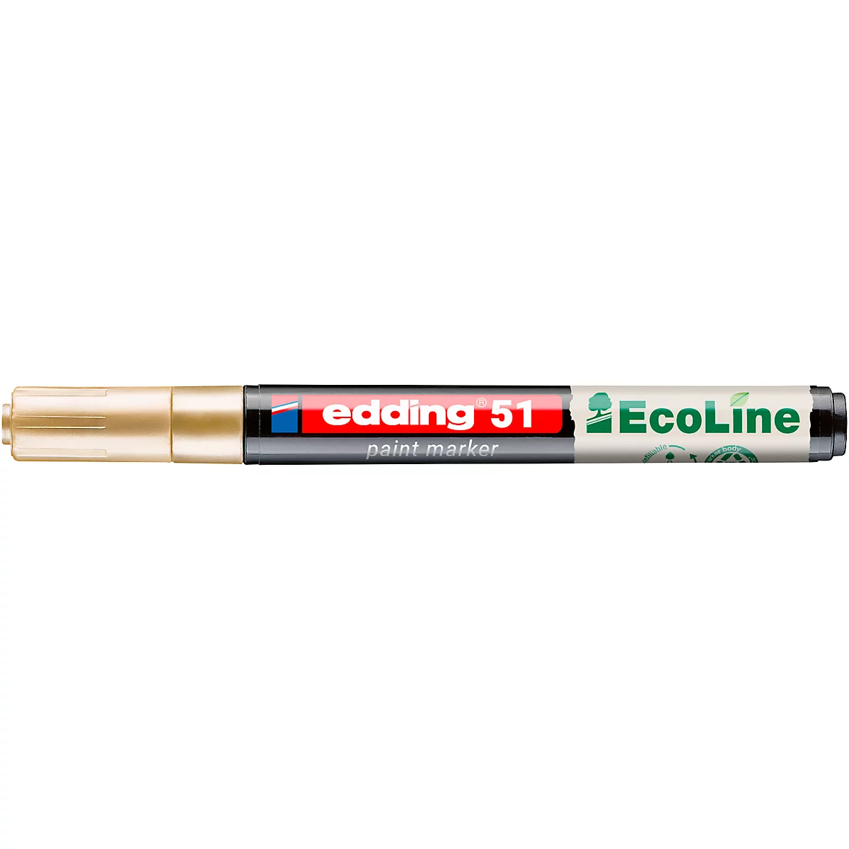 Ein goldener Edding 51 Ecoline Paint Marker. Auf dem Marker stehen die Namen 'Edding 51', 'paint marker' und 'Ecoline'.