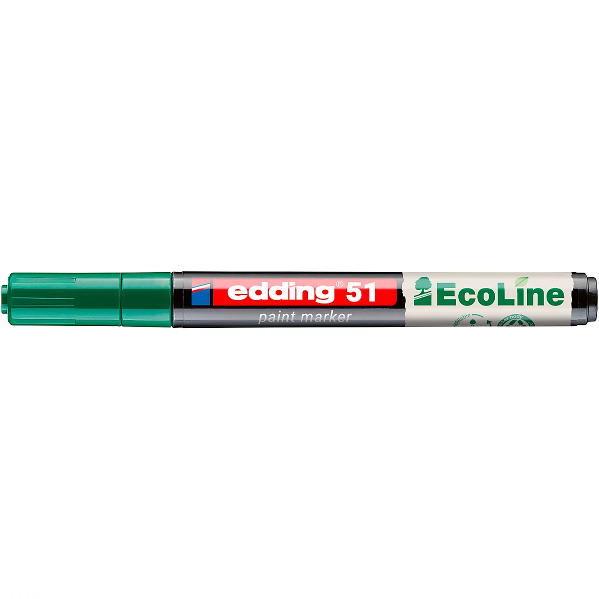Ein grüner Edding 51 Ecoline-Filzstift. Auf dem Stift steht 'edding 51 point marker' und 'Ecoline'.