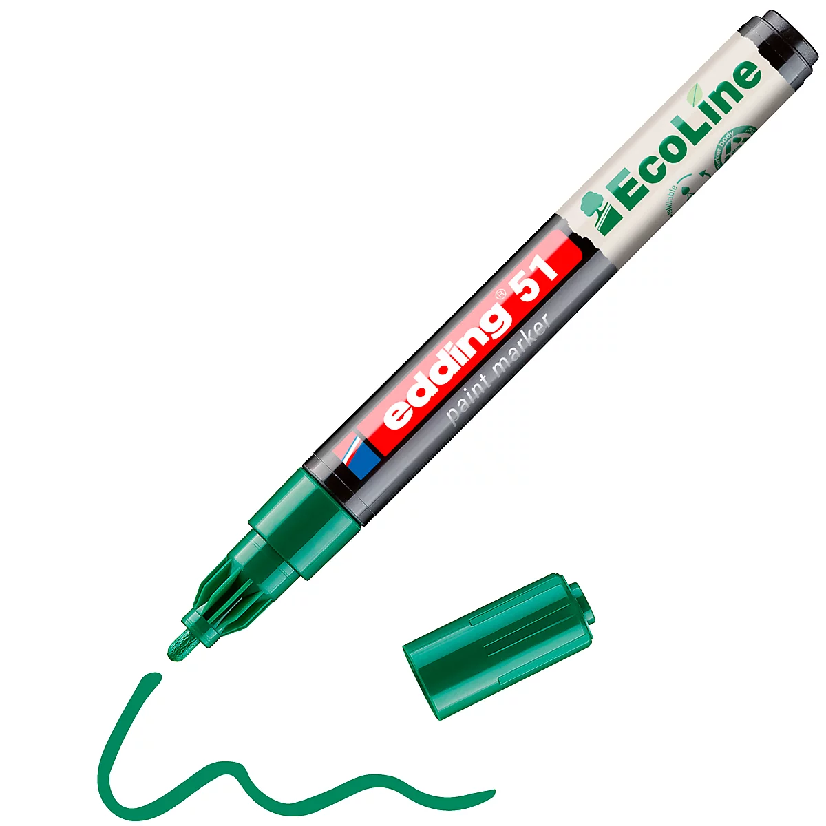 Grüner Edding 51 Filzstift mit geöffneter Kappe und Farbstich. Aufschrift 'edding 51', 'paint marker' und 'EcoLine'.