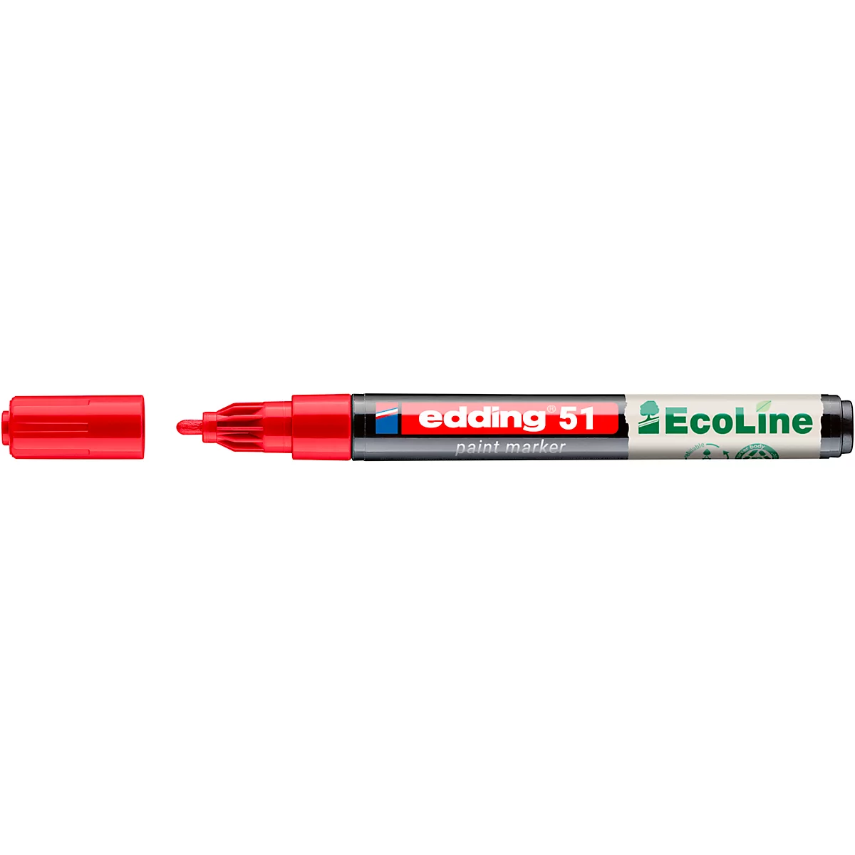 Ein roter Edding-Filzstift mit geöffneter Kappe, der den Stift freilegt; Aufschrift "edding 51 paint marker EcoLine".