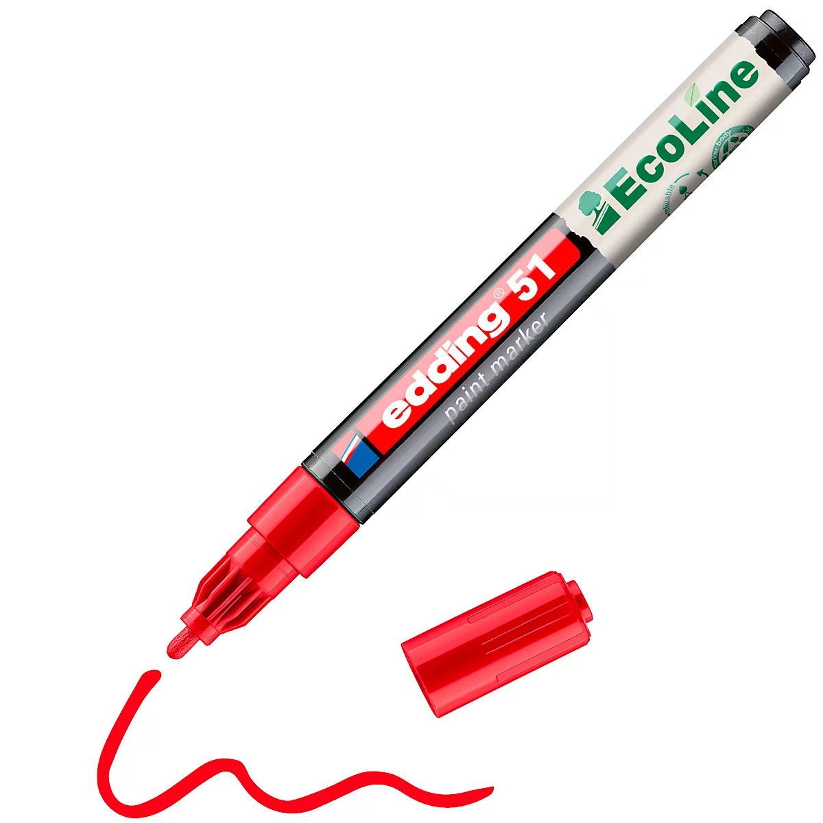 Roter Edding 51 Paint Marker mit offener Kappe und Farbschrift. Die Spitze des Stifts hinterlässt eine rote Spur.
